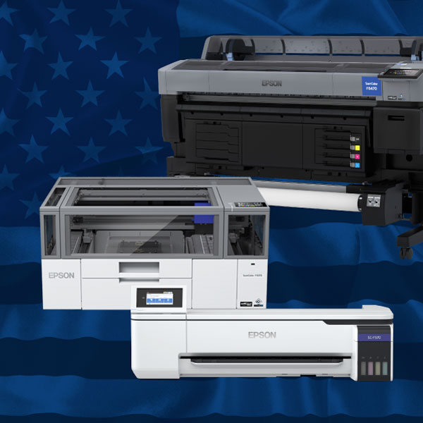 epson sublimation printers and dtg printer on America Flag blue background