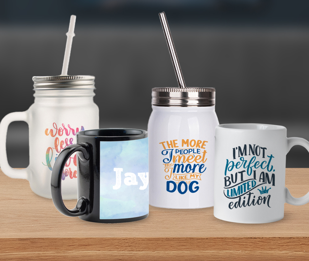 coffee mugs and jar